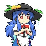  1girl 3: arms_up black_headwear blue_hair blue_skirt blush_stickers bright_pupils chibi commentary eyebrows_visible_through_hair fingers_together flying_sweatdrops food fruit hat hinanawi_tenshi leaf long_hair looking_away peach puffy_short_sleeves puffy_sleeves rakkidei red_eyes red_neckwear red_ribbon ribbon shirt short_sleeves simple_background skirt solo standing symbol_commentary touhou upper_body very_long_hair white_background white_shirt 