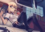  1girl ahoge artoria_pendragon_(all) blonde_hair blush boa_(brianoa) breasts choker dutch_angle earphones fate/grand_order fate_(series) food from_below headboard headset highres looking_away mysterious_heroine_x_(alter) nintendo_switch pocky semi-rimless_eyewear short_hair short_shorts shorts small_breasts solo thighhighs twitter_username window yellow_eyes 