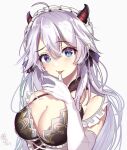  1girl blue_eyes breasts cleavage demon_girl demon_horns elbow_gloves finger_licking gloves hair_between_eyes highres hisao_0111 horns indie_virtual_youtuber licking light_blush long_hair maid_headdress medium_breasts pointy_ears solo vei_(vtuber) virtual_youtuber white_background white_gloves 