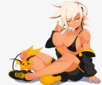  1girl bikini bikini_top black_bikini black_footwear black_jacket black_shorts blazblue bullet_(blazblue) dark_skin dark_skinned_female eyebrows_visible_through_hair gen_1_pokemon jacket jellcaps long_sleeves off_shoulder pokemon raichu shadow shoes shorts signature simple_background solo swimsuit white_background yellow_eyes 