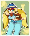  anthro banana big_breasts blonde_hair blue_eyes bottomwear bottomwear_pull breasts cleavage clothed clothing clothing_pull donkey_kong_(series) ear_piercing female food fruit fur hair haplorhine hat headgear headwear hi_res kong long_hair mammal monkey nintendo pants pants_pull piercing plant primate shirt shirt_pull smile solo standing thick_thighs thisnameistaken tiny_kong tongue tongue_out topwear topwear_pull video_games wide_hips 