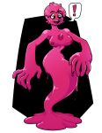  ! 2021 5_fingers artist-chan breasts female fingers goo_creature goo_humanoid green_eyes humanoid nipples open_mouth pink_body simple_background slime_core smile solo 