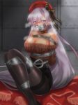  1girl azur_lane bangs bare_shoulders belfast_(azur_lane) belfast_(shopping_with_the_head_maid)_(azur_lane) beret black_bow black_choker black_legwear black_skirt blurry blurry_background bound bound_legs bow breasts brown_sweater choker cleavage commentary_request feet_out_of_frame gag gagged hat hat_bow improvised_gag indoors knees_up large_breasts long_hair long_sleeves looking_at_viewer miniskirt nantyu-erosada off-shoulder_sweater off_shoulder pantyhose pencil_skirt purple_eyes red_headwear silver_hair sitting skirt solo steam sweater tape tape_gag thighband_pantyhose tied_up very_long_hair 