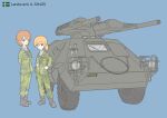  2girls absurdres armored_car armored_vehicle arms_behind_back bangs blonde_hair blue_eyes boots breast_pocket camouflage camouflage_jacket camouflage_pants cannon grey_eyes ground_vehicle hands_on_hips highres jacket license_plate looking_at_viewer military military_uniform multiple_girls original pants pocket ponytail prototype red_hair short_hair simple_background swedish_flag swedish_uniform tank_destroyer u-sh405 uniform user_srvd8725 windshield wipers 