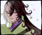  1boy ashiya_douman_(fate) asymmetrical_hair bell black_eyes black_hair curly_hair earrings fate/grand_order fate_(series) green_eyeshadow green_kimono green_lipstick green_nails hair_bell hair_between_eyes hair_intakes hair_ornament japanese_clothes jewelry kimono light_smile lipstick long_hair magatama magatama_earrings makeup male_focus multicolored_hair sketch sleeves_past_wrists solo toma-mai two-tone_hair upper_body very_long_hair white_hair 