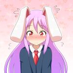  1girl animal_ears blush bunny_ears cato_(monocatienus) commentary_request embarrassed eyebrows_visible_through_hair flying_sweatdrops frown gradient gradient_background heart heart_background long_hair necktie nose_blush outline pink_background pink_hair red_eyes red_neckwear reisen_udongein_inaba simple_background solo sweatdrop touhou upper_body wavy_mouth white_outline 
