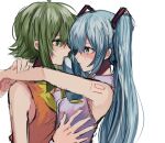  2girls aqua_eyes aqua_hair aqua_neckwear arms_around_neck bare_shoulders commentary gomiyama green_eyes green_hair grey_shirt gumi hair_ornament hand_on_another&#039;s_chest hatsune_miku highres long_hair looking_at_another mouth_hold multiple_girls necktie necktie_in_mouth orange_shirt shirt shoulder_tattoo sketch sleeveless sleeveless_shirt tattoo twintails upper_body very_long_hair vocaloid white_background yuri 
