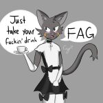  1:1 anthro blush clothed clothing crossdressing cup cybeeyoru dialogue english_text felid feline girly hi_res homophobia homophobic_slur maid_uniform male mammal profanity solo speech_bubble tea_cup text uniform 