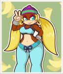  anthro banana big_breasts blonde_hair blue_eyes breasts cleavage clothed clothing donkey_kong_(series) ear_piercing female food fruit fur gesture hair hand_on_hip haplorhine hat headgear headwear hi_res kong long_hair mammal monkey nintendo piercing plant primate smile solo standing thick_thighs thisnameistaken tiny_kong v_sign video_games wide_hips 