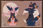  black_bow black_cape black_dress black_eyes black_headwear black_neckwear black_vs_white black_wings blush border bow bowtie brooch brown_background brown_border cape clothed_pokemon colored_sclera commentary commentary_request crescent_moon dress ears_through_headwear english_commentary espeon forehead_jewel frilled_dress frills full_body gen_2_pokemon gradient gradient_background hair_bow hat hat_belt iogi_(iogi_k) jewelry jpeg_artifacts light_blush looking_at_another looking_at_viewer looking_to_the_side mixed-language_commentary moon orange_neckwear partial_commentary pokemon pokemon_(creature) purple_eyes red_sclera short_sleeves single_wing sitting sun umbreon white_wings wings witch_hat 