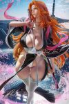  1girl ass_visible_through_thighs banned_artist bleach breasts cherry_blossoms cleavage forehead fundoshi japanese_clothes jewelry katana kimono large_breasts lips long_hair matsumoto_rangiku mole mole_under_mouth necklace orange_hair sakimichan sandals scabbard sheath shinigami silver_eyes sword thighhighs thighs weapon white_footwear white_legwear 