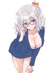  1girl alternate_costume blue_eyes breasts cleavage glasses grey_hair hair_between_eyes hand_on_own_thigh kantai_collection kashima_(kantai_collection) leaning_forward short_twintails smile solo twintails u0709 