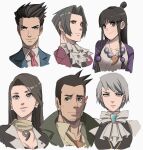  3boys 3girls ayasato_chihiro ayasato_mayoi black_hair closed_mouth coat earrings facial_hair formal grey_hair gyakuten_saiban highres itonokogiri_keisuke japanese_clothes jewelry jourd4n karuma_mei long_hair looking_at_viewer magatama magatama_necklace mitsurugi_reiji mole mole_under_eye multiple_boys multiple_girls naruhodou_ryuuichi necktie scarf short_hair smile suit upper_body 