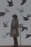  1girl animal bag bird black-framed_eyewear black_bird black_eyes black_footwear black_hair closed_mouth coat flying glasses gloves grey_bag grey_coat grey_gloves grey_theme highres mailbox_(incoming_mail) original red_lips short_hair shuchen_li solo standing winter_clothes 