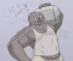  2007 anthro areola binturong bottomwear brown_body brown_fur clothed clothing dialogue fur keg looking_aside male mammal muscular muscular_anthro muscular_male nipples ritts shirt shorts signature simple_background solo speech_bubble tank_top topwear viverrid whiskers 