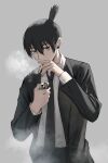  1boy absurdres bilibilida black_neckwear black_suit blue_eyes chainsaw_man cigarette earrings fingernails formal grey_background hair_between_eyes hayakawa_aki_(chainsaw_man) highres holding holding_cigarette holding_lighter jewelry lighter looking_at_viewer male_focus necktie simple_background smoke smoking solo suit 