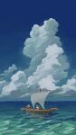  2boys aqua_hair blue_sky boat cloud cloudy_sky facing_away from_behind hat highres monkey_d_luffy multiple_boys one_piece outdoors pemu_op red_shirt roronoa_zoro sailboat shirt short_hair short_sleeves sky sleeveless sleeveless_shirt water watercraft waves white_shirt wide_shot 