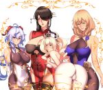  4girls absurdres ahoge ass bangs barbara_(genshin_impact) bare_shoulders beidou_(genshin_impact) bell bent_over black_legwear blonde_hair blue_eyes blue_hair bodystocking bodysuit breasts brown_bodysuit brown_hair chinese_clothes cleavage clothing_cutout covered_nipples cowbell detached_collar detached_sleeves drill_hair eyebrows_visible_through_hair eyepatch flower ganyu_(genshin_impact) genshin_impact goat_horns green_eyes hair_ornament hair_over_one_eye hair_stick hairpin harstfazn highres horns huge_filesize large_breasts leotard lisa_(genshin_impact) long_hair looking_at_viewer low_tied_hair multiple_girls navel_cutout pantyhose parted_lips pelvic_curtain priestess purple_eyes purple_flower purple_rose red_eyepatch red_eyes rose silver_hair smile standing thighhighs thighs twin_drills twintails white_background white_headwear white_legwear white_sleeves 