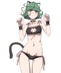  1girl animal_ears bell bell_choker blush bra breasts cat_cutout cat_ears cat_tail choker claw_pose closed_mouth clothing_cutout collarbone curly_hair green_hair highres jingle_bell jourd4n looking_at_viewer looking_down navel one-punch_man panties simple_background small_breasts solo standing tail tatsumaki underwear white_background 