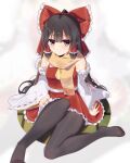  1girl ascot black_hair bow brown_eyes ddt_(darktrident) detached_sleeves full_body hair_tubes hakurei_reimu highres long_hair looking_at_viewer miniskirt nontraditional_miko orange_scarf pantyhose red_bow red_skirt red_vest scarf sidelocks sitting skirt solo touhou very_long_hair vest yellow_neckwear 