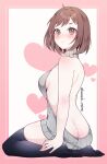  1girl ass bang_dream! bangs bare_back bare_shoulders black_legwear blush border breasts brown_eyes brown_hair butt_crack closed_mouth commentary embarrassed from_behind full_body grey_sweater halterneck hand_on_own_foot hand_on_own_leg hazawa_tsugumi heart heart_print looking_at_viewer looking_back medium_breasts meme_attire naked_sweater no_bra no_panties no_shoes pink_border polka_dot pout sakurahara short_hair sideboob sidelocks sitting skindentation solo sweater thighhighs thighs twitter_username two-tone_background virgin_killer_sweater yokozuwari zettai_ryouiki 