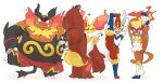  2021 anthro belly blush bodily_fluids cinderace delphox emboar eyes_closed flexible group hi_res hyaku_(artist) infernape kemono nintendo one_leg_up orange_body overweight pok&eacute;mon pok&eacute;mon_(species) raised_leg red_body simple_background splits spread_legs spreading standing sweat vertical_splits video_games white_background white_body yellow_body 