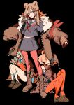  3girls absurdres animal_ears arknights bangs bear_ears black_background black_choker black_serafuku black_skirt blue_eyes blue_neckwear book boots breasts brown_footwear brown_hair brown_jacket choker closed_mouth commentary_request full_body fur-trimmed_jacket fur_trim glasses grey_eyes gummy_(arknights) hair_between_eyes highres holding holding_book istina_(arknights) jacket long_hair long_sleeves looking_at_viewer looking_down matumot medium_breasts multicolored_hair multiple_girls necktie off_shoulder one_eye_covered open_clothes orange_legwear pantyhose parted_lips reading red_eyes red_hair red_legwear red_neckwear red_ribbon ribbon sailor_collar school_uniform serafuku shirt shoelaces shoes simple_background sitting skirt sleeves_past_fingers sleeves_past_wrists smile socks standing streaked_hair white_legwear zima_(arknights) 