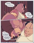  2021 4:5 abe_(mikrogoat) anthro basil_(mikrogoat) bed belly brown_body clothing comic domestic_pig duo english_text furniture hi_res lagomorph leporid male mammal mikrogoat nipples overweight overweight_male rabbit shirt sitting suid suina sus_(pig) text topwear url 