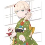  1girl bangs blonde_hair blue_eyes blunt_bangs commentary_request cowboy_shot floral_print green_kimono hair_over_shoulder japanese_clothes kantai_collection kimono long_hair looking_at_viewer official_alternate_costume sakana shin&#039;you_(kantai_collection) solo teapot 