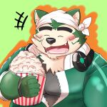  2021 anthro black_nose blush canid canine canis cute_fangs domestic_dog eyes_closed food fur green_body green_fur headphones headphones_around_neck hi_res humanoid_hands kemono live-a-hero male mammal mohumohudansi mokdai overweight overweight_anthro overweight_male popcorn solo 