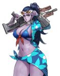  1girl bikini blue_bikini blue_hair blush bracelet carcass_(artist) closed_mouth colored_skin fingernails floral_print green_eyes gun holding holding_gun holding_weapon jewelry light_blush lipstick long_hair long_ponytail makeup navel over_shoulder overwatch ponytail purple_lips purple_lipstick purple_skin red_nails rifle simple_background sketch sniper_rifle solo sunglasses sweat swimsuit weapon weapon_over_shoulder white-framed_eyewear white_background widowmaker_(overwatch) 