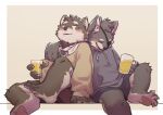  2021 9x8bit alcohol anthro beer beverage blush bottomwear canid canine canis clothing cute_fangs domestic_dog duo eye_patch eyes_closed eyewear hi_res hoodie hug kemono male male/male mammal shorts sitting topwear 