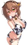  1girl animal_ears animal_print arm_under_breasts ass bell bell_collar blush breasts brown_hair carmine_(ucdio) cleavage closed_mouth collar collarbone cow_ears cow_horns cow_print cowbell green_eyes hair_between_eyes hand_on_thigh highres horns kantai_collection large_breasts looking_at_viewer mutsu_(kantai_collection) panties short_hair side-tie_panties simple_background solo thighhighs underwear white_background 