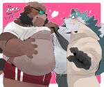  2021 anthro belly blush bottomwear brand_new_animal brown_body brown_fur bulge canid canine canis clothing domestic_dog duo eyewear fur glasses hi_res humanoid_hands hyaku_(artist) kemono male male/male mammal overweight overweight_male pants shirou_ogami shirt shorts studio_trigger topwear wolf 