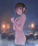  1girl bangs breasts brown_hair closed_mouth collarbone completely_nude cowboy_shot eyebrows_visible_through_hair from_side fubuki_(kantai_collection) green_eyes highres hip_bones kantai_collection looking_at_viewer looking_to_the_side nakaaki_masashi navel night nipples nude onsen rock short_hair short_ponytail sidelocks small_breasts smile solo standing steam wading water wet 