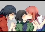  3girls after_kiss black_hair blush closed_eyes commentary green_eyes green_hair grey_background holding_hands interlocked_fingers jacket kiss long_hair love_live! love_live!_nijigasaki_high_school_idol_club medium_hair multicolored_hair multiple_girls red_eyes red_hair saliva saliva_trail shirt side_bun simple_background surprise_kiss surprised takasaki_yuu tongue twintails uehara_ayumu yuri yuuki_setsuna_(love_live!) zhanzhangzlw 