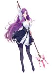  1girl breasts cleavage collared_shirt eyebrows_visible_through_hair eyes_visible_through_hair full_body grey_eyes hair_blowing heart highres holding holding_spear holding_weapon large_breasts long_hair looking_at_viewer murasaki_yurika official_art omega_labyrinth_life pantyhose polearm purple_hair school_uniform shirt smile solo spear transparent_background trident u35 weapon wind wind_lift 