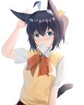  1girl absurdres ahoge animal_ear_fluff animal_ears bangs black_hair blue_eyes blush bow bowtie breasts cat_ears cat_girl cat_tail chuunibyou_demo_koi_ga_shitai! collared_shirt commentary exoius eyebrows_visible_through_hair eyepatch hair_between_eyes hair_ribbon hand_up highres kemonomimi_mode looking_at_viewer medium_breasts mouth_hold one_side_up red_neckwear ribbon school_uniform shirt short_hair short_sleeves simple_background skirt solo sweater_vest tail takanashi_rikka thighhighs upper_body white_background white_shirt yellow_ribbon 