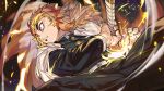  1boy belt closed_mouth fingernails flaming_sword flaming_weapon highres holding holding_sword holding_weapon katana kimetsu_no_yaiba kitou_sakeru long_hair male_focus multicolored multicolored_hair orange_eyes orange_hair red_hair rengoku_kyoujurou sheath solo sword textless unsheathing weapon 