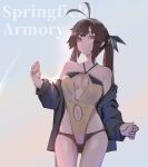  1girl antenna_hair bangs breasts brown_eyes brown_hair cleavage closed_mouth clothing_cutout cowboy_shot english_text girls_frontline highres long_hair looking_at_viewer m14_(girls_frontline) medium_breasts navel navel_cutout solo swimsuit twintails warashi 