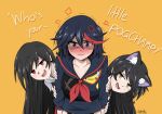  3girls absurdres akame akame_ga_kill! animal_ears black_hair blake_belladonna blush cat_ears crossover embarrassed highres kill_la_kill long_hair matoi_ryuuko meme microskirt midriff multicolored_hair multiple_girls my_little_pogchamp_(meme) pleated_skirt red_eyes red_hair reyfearspsychosis rwby senketsu short_hair skirt streaked_hair suspenders very_long_hair yellow_eyes 