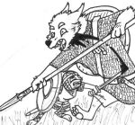  2016 3_toes 4_fingers anglo-saxon anthro arm_tuft armor belt black_and_white black_nose blood blood_on_weapon blood_splatter bodily_fluids buckteeth canid canine canis chainmail cheek_tuft chin_tuft claws clenched_teeth duo ears_back elbow_tufts facial_tuft feet fight finger_claws fingerclaws fingers foot_wraps fur grass guige_strap headgear helmet holding_object holding_shield holding_spear holding_sword holding_weapon lagomorph leporid looking_up low_res male mammal medieval_clothing melee_weapon monochrome pawpads pivoted_ears plant polearm rabbit scabbard sharp_teeth shield shocked shocked_expression simple_background slit_throat spear spiff surprise surprised_expression sword teeth toe_claws toes traditional_media_(artwork) tuft weapon white_background white_body white_fur wolf wounded wraps wrist_tuft 