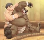  2021 absurd_res anthro aotoaka ashigara belly blush bodily_fluids brown_body brown_fur chubby_protagonist_(tas) detailed_background duo fur hi_res human inside male male/male mammal moobs musk overweight overweight_male protagonist_(tas) sitting sumo sweat tokyo_afterschool_summoners ursid video_games 
