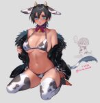  1boy 1girl animal_ears animal_print artist_name bell bikini black_hair black_jacket blue_eyes blush breasts cleavage commentary_request cow_ears cow_horns cow_print cow_tail cowbell full_body fur-trimmed_jacket fur_trim grey_background hair_between_eyes highres horns jacket large_breasts long_sleeves looking_at_viewer navel open_clothes open_jacket open_mouth original print_bikini seiza shino_yoshihisa short_hair side-tie_bikini side-tie_bottom simple_background sitting skindentation solo_focus stirrup_legwear stomach swimsuit tail thighhighs toeless_legwear 
