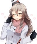  1girl absurdres black_gloves brown_eyes coat gloves grey_hair hat highres kantai_collection mini_hat one_eye_closed pink_scarf pola_(kantai_collection) scarf solo tilted_headwear tongue tongue_out toriniku_senshi_chikinman upper_body wavy_hair white_background white_coat 