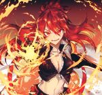  1girl belt black_gloves blazing_heart_(elsword) breasts cleavage collarbone commentary elesis_(elsword) elsword fire gloves hair_between_eyes highres jewelry kazuya_(lostnight) long_hair navel necklace open_hand open_mouth red_eyes red_hair signature smile solo teeth torn torn_clothes upper_body zipper zipper_pull_tab 