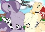  animal_print anthro barn big_breasts bodily_fluids breast_squish breasts breasts_frottage cleavage clothed clothing cobra cow_print crazedwd duo female female/female hi_res huge_breasts lactating nipple_outline outside purple_body reptile scalie snake squish 