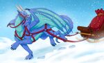  bag bell blue_body bridle claws countershade_torso countershading dimitri_(anthrodragon) dragon dragon_tail harness hi_res horn jingle_bell male membrane_(anatomy) membranous_wings outside pose silvergrin sleigh snow snowing solo spines tail_spines teal_scales teal_wings wings winter zetsin 