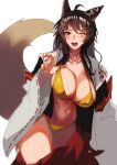 1girl ;d ahoge animal_ears bangs blush bra breasts brown_eyes brown_hair butterfly_hair_ornament cleavage cowboy_shot eyebrows_visible_through_hair fox_ears fox_tail fumi_(nijisanji) hair_ornament hakama hakama_pull highres japanese_clothes large_breasts long_hair looking_at_viewer murechika navel nijisanji one_eye_closed open_clothes open_mouth panties red_hakama ribbon-trimmed_sleeves ribbon_trim simple_background smile solo stomach tail underwear upper_teeth virtual_youtuber white_background wide_sleeves yellow_bra yellow_panties 