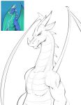  2021 anthro digital_media_(artwork) dimitri_(anthrodragon) dragon hi_res horn line_art long_neck looking_at_viewer male membrane_(anatomy) membranous_wings mikeknight19 monochrome reptile scales scalie simple_background smile solo spikes spikes_(anatomy) spines white_background wings 